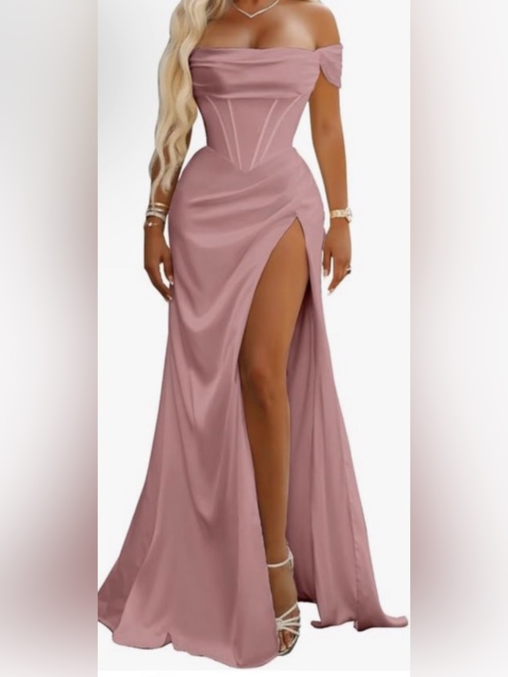 Elegant Dusty Rose Off-Shoulder Corset Slit Maxi Gown|ADJUSTABLE TO ALL SIZES